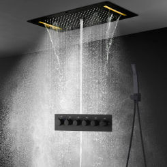 Bathroom Black  LED Shower System Faucets Set 5 Ways Thermostatic Mixer 700x380mm Multifunction Shower Panel Large Rain Mist
