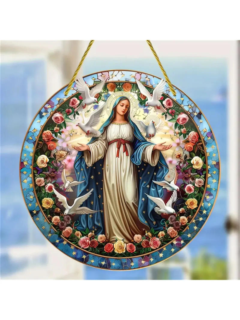 Description Picture 5 of itemChristian Religion Mary Suncatcher,Translucent Stained Window Hanging,Round Acrylic Sign,Porch,Wall,Home,Room,cafe Holiday Decor
