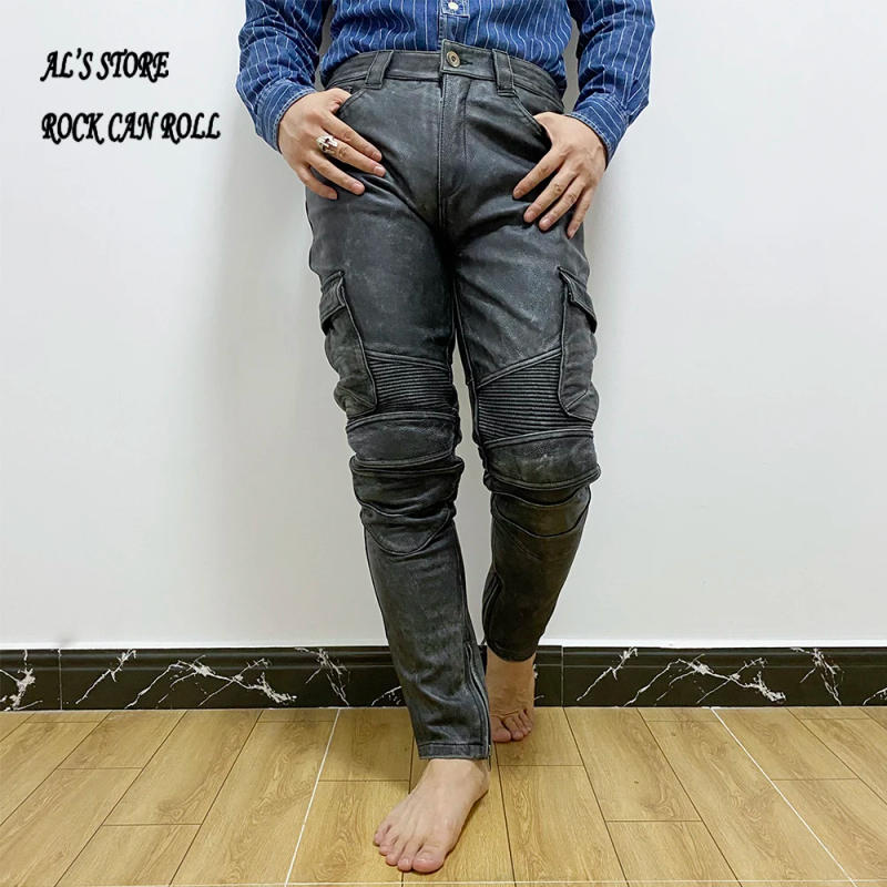 Description Picture 3 of itemVintage Motorcycle Biker Pants Men Genuine Cowhide Leather Trousers Men Leather Pant RidingThick Asian Size 5XL