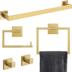 YACVCL 5-Piece Bathroom Hardware Accessories Set 23.6 in Brushed Gold Bar Towel Rack Sets Modern Towel Ring Kit Stainless Steel