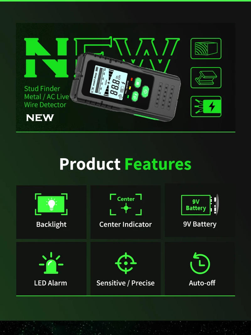 Description Picture 3 of itemR&D New Stud Finder Wall Scanner Cable Wires Depth Tracker Wall Metal Detector Electronic Backlit Black AC Wood Finder