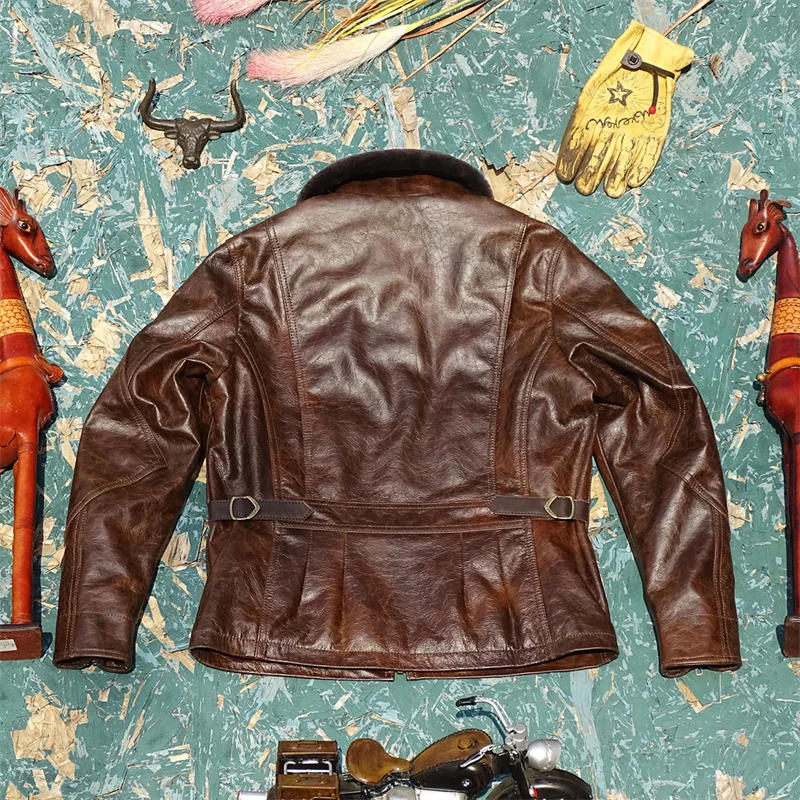 Description Picture 3 of itemFree shipping.Retro Brown navy thick winter warm leather outwear.Men vintage tanned cowhide jacket.plus size thick leather coat