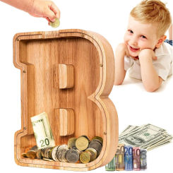 Twenty-six Letter Piggy Bank Wooden Coin Money Saving Box Jar Coins Storage Box Desktop Ornament Home Decor Crafts
