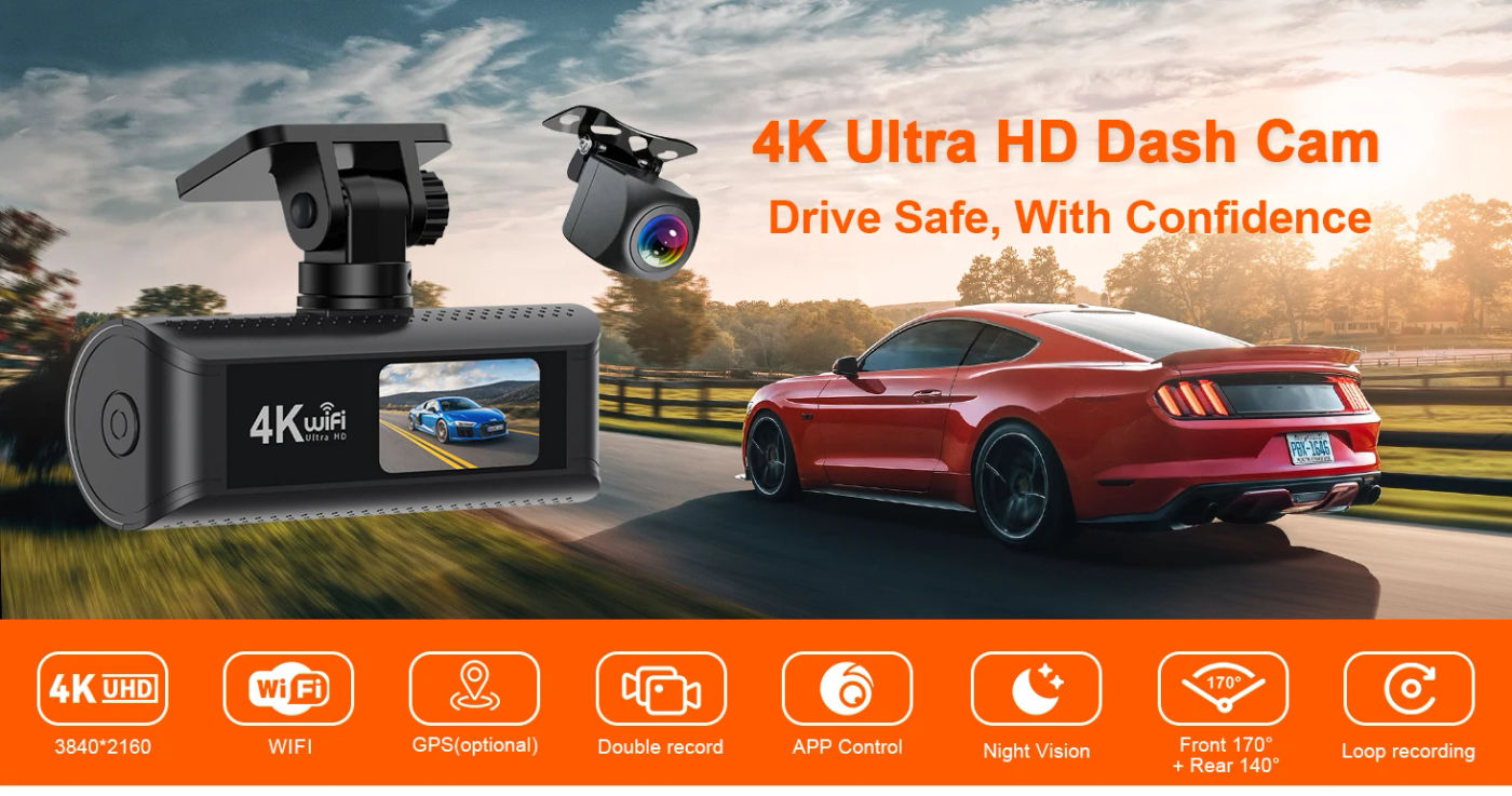 Description Picture 2 of itemKocam 4K WiFi Dash Cam for Car DVR Camera Dual Lens Auto Night Vision WDR Video Recorder Support GPS Black Box Rear View Camera