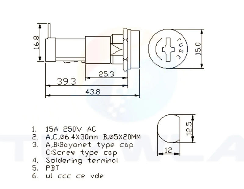 Description Picture 3 of item5PCS SCI R3-9 Panel Mount Chassis Fuse Holder For 6x30mm Glass Fuses 15A 250V 6*30 Holder Fuses