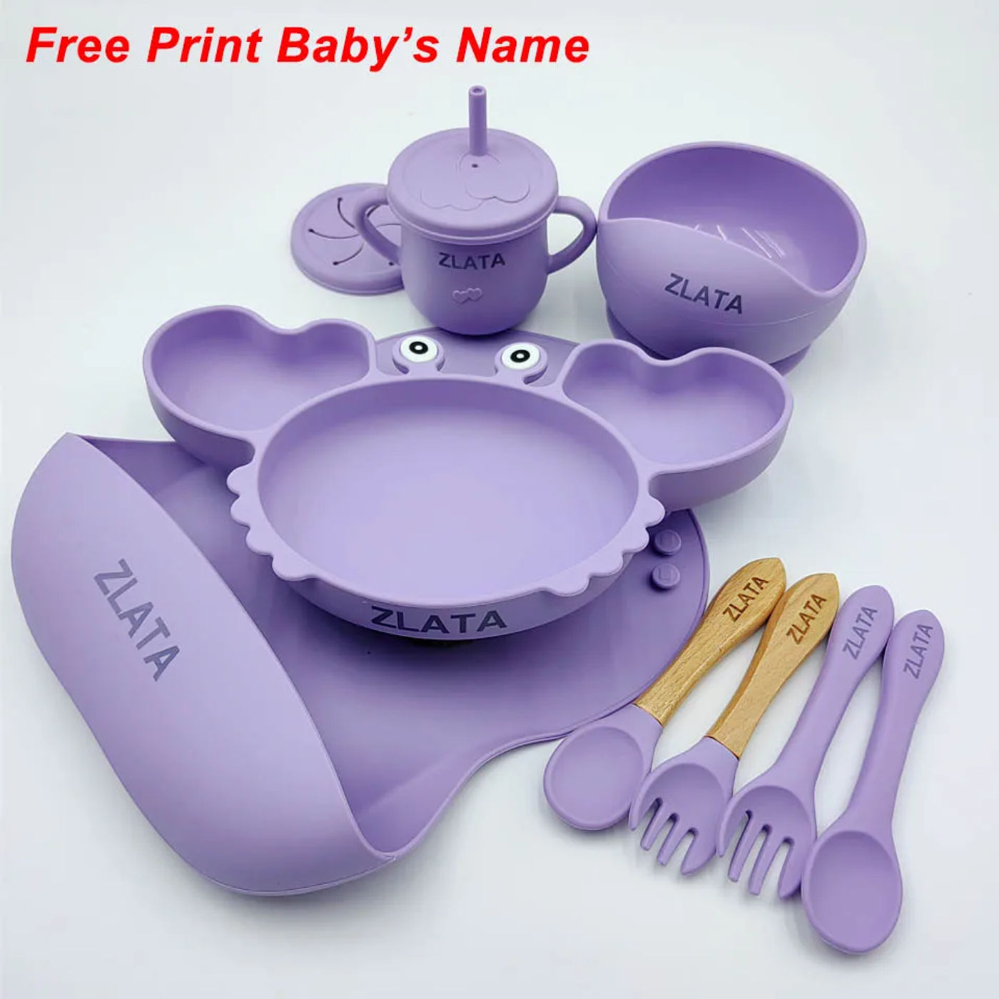 Description Picture 4 of itemCrab Plate For Baby Silicone Tableware Suction Bowl Plate Tray Bibs Spoon Personalized Name Baby's Name Feeding Set For Kids