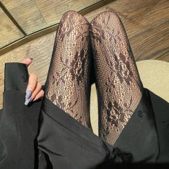 Girl Sexy Black White Lolita Hollowed Lace Mesh Bottomed Pantyhose Goth Floral Rattan Leggings Stockings Classic Tights