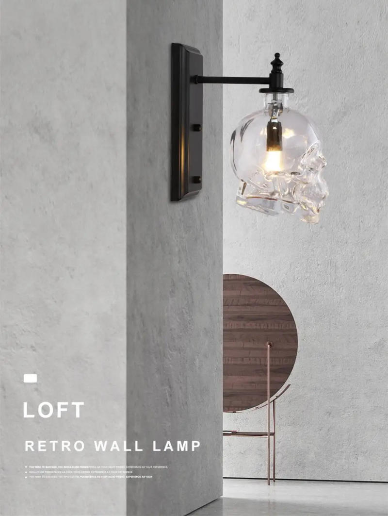 Description Picture 2 of itemRetro Skull Bones Wall Lamp Loft Sconces Clear Glass Bottle Wall Art Light Fixtures for Dinning Room Bar Industrial Home Decor