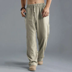 Elegant  New Men Pants Solid Drawstring Linen Loose Pocket Straight Pant High Waist Spring Summer Casual  Male Trousers
