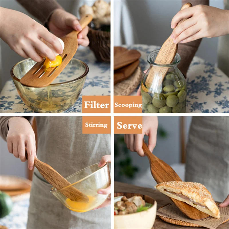 Description Picture 6 of itemTeak Wood Long Handle Spatula Kitchen Turner Non Stick Cooking Utensils Wooden Salad Spatula Baking Scraper Rice Shovel Cookware