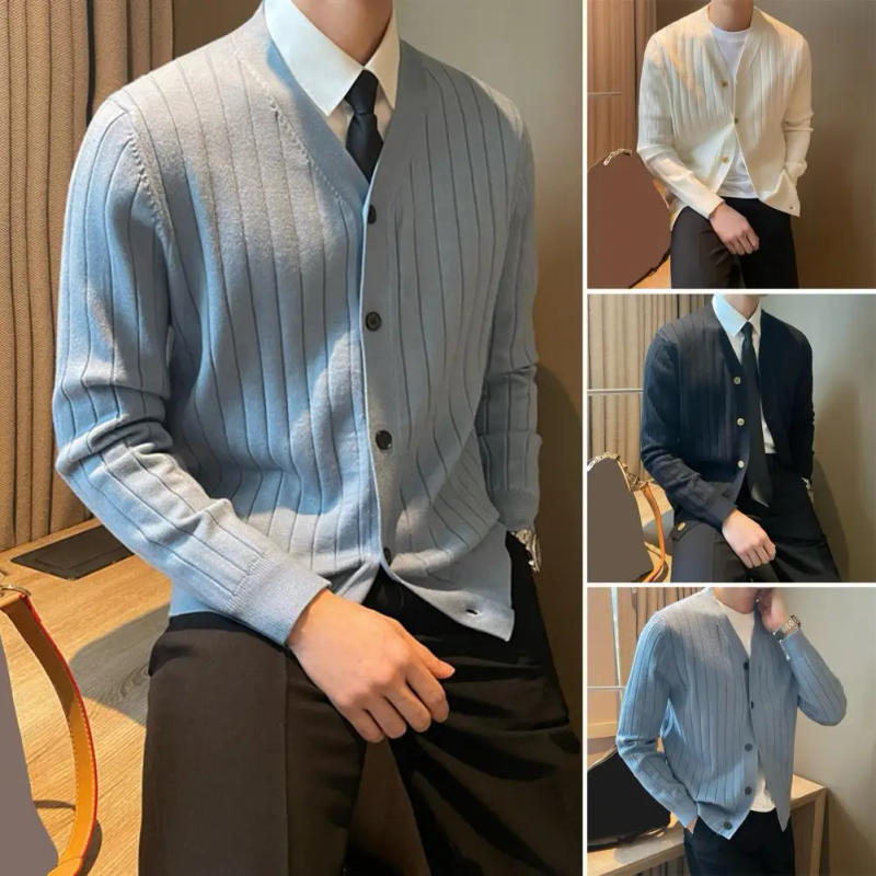 Description Picture 3 of itemV-neck Cardigan Sweater Men's V Neck Knitted Cardigan Sweater Coat for Fall Winter Thick Warm Windproof Long Sleeve Sweater Soft