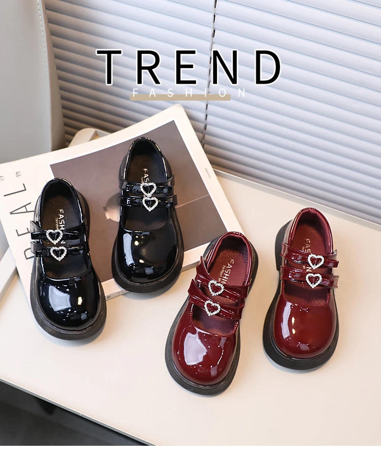 Description Picture 3 of itemChildren Leather Shoes for Spring Wine Red Black Elegant Girl's Mary Janes Chunky Hook-loop Beautiful Comfy Kids Shoe 26-36