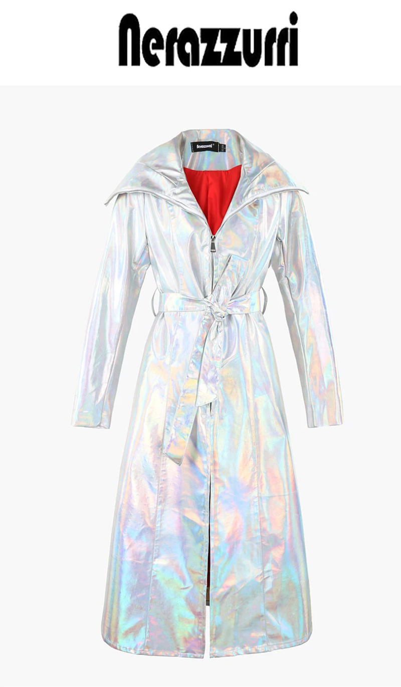 Description Picture 5 of itemNerazzurri Autumn Extra Long Windproof Waterproof Shiny Reflective Silver Holographic Patent Faux Leather Coat Women with Hood