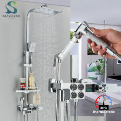 Chrome Black Shower Display Thermostatic Shower Faucet Rainfall Bathtub Tap With Bathroom Shelf  Smart Electricity