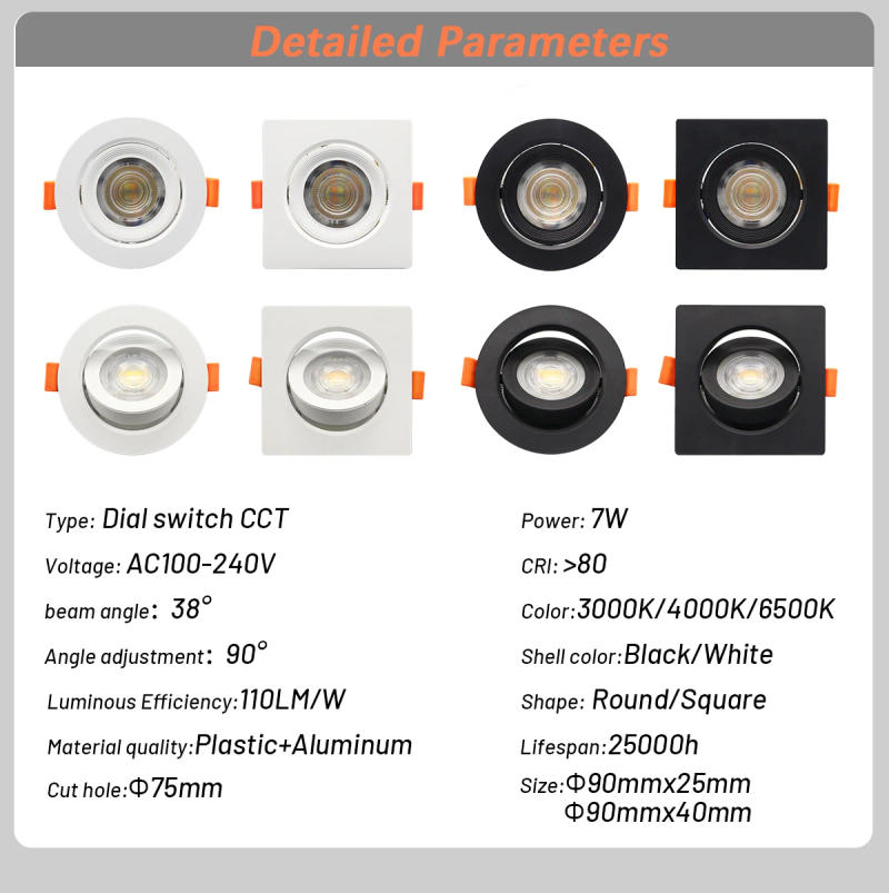 Description Picture 3 of item6pcs Dial Switch CCT Embedded LED Ceiling Spotlight AC 220V 110V 3000K 4000K 6500K 3 Color Adjust Downlight for Home Decor