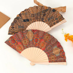 Vintage High Grade Wooden Folding Fan Cork Fabric Plaid Pattern Art Craft Home Decor Ornament Dance Hand Fan Photo Props Gift