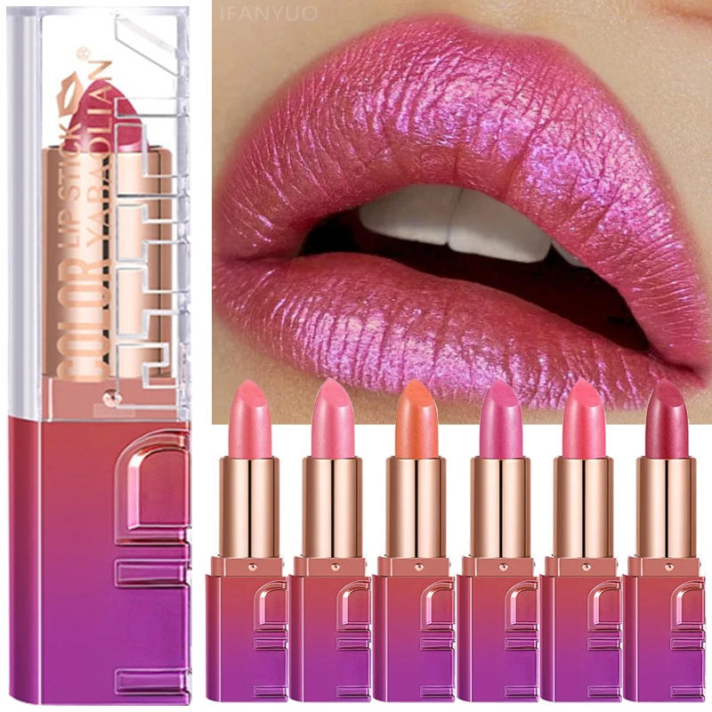 Description Picture 6 of item6 Colors Pearlescent Pink Glitter Lipstick Lasting Hydrating Sparkling Shine Lip Color Diamond Lipstick Women Makeup Cosmetics