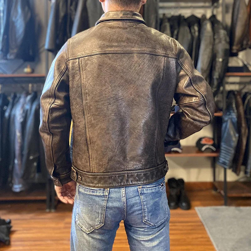 Description Picture 3 of itemFree shipping.quality Vintage thick cowhide coat.Plus size 1.6mm Heavy genuine leather jacket.Classic Denim gray leather cloth