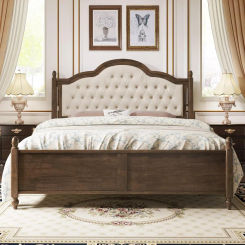Solid Wood Bed Frame with Upholstered Headboard, King Size Wood Platform Bed with Linen Tufted, No Box Spring Needed,Walnut