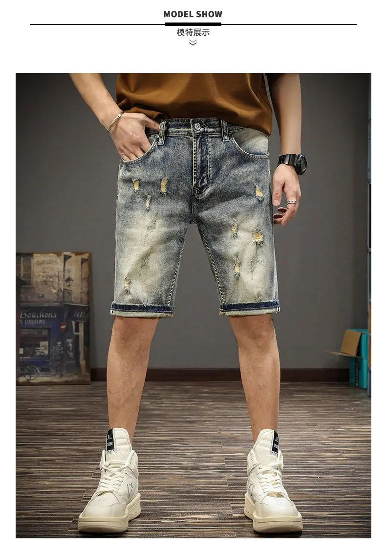 Description Picture 4 of itemSummer Designer Casual Denim Knee Length Shorts for Men Slim High-end Beggar Ripped Jeans Shorts with Holes Embroidered Jeans
