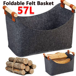 Foldable Wood Basket with Wooden Handles 57 L Foldable Clothes Storage Basket Large Capacity Fireside Wood Carrier Holder Bag