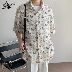 American Short-sleeved Shirt Men Women Vintage Butterfly Print Loose T-shirt Summer Thin Casual Couple Tops Fringed Lapel Shirt