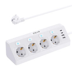 EU Plug Power Strip with 4 Sockets 4 Switches 2 USBs 2C 1.5M Extension Line Black/White for Office And Gaming Room ,Desktop