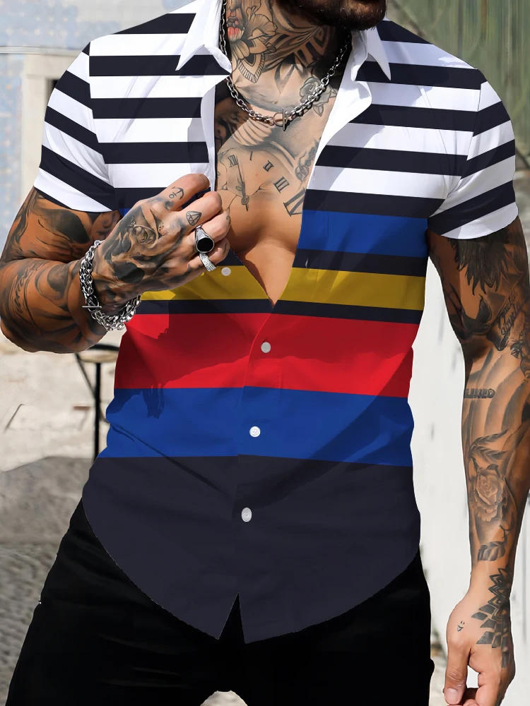 Description Picture 3 of itemColorful pattern men's 3D printing summer short sleeved shirt fashion street sportswear oversized loose collar top men's shirt