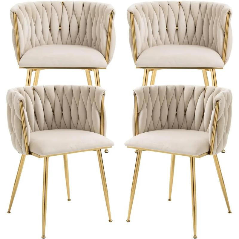 Description Picture 2 of itemVelvet Dining Chairs Set of 4, Woven Upholstered Dining Chairs with Gold Metal Legs, Modern Accent Chairs for Living Room