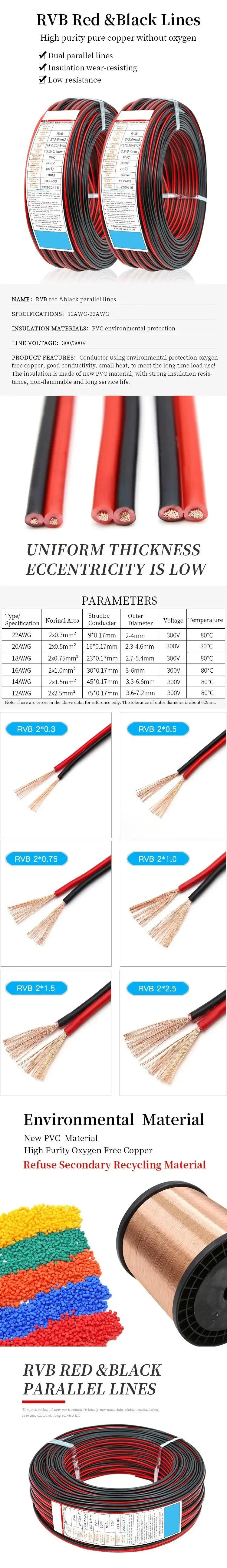 Description Picture 2 of itemRVB PVC Insulated Strip Extend  Lines 2/5/10M 2Pin Copper Electrical Wire LED Cables 22 20 18 16 14 12AWG IEC