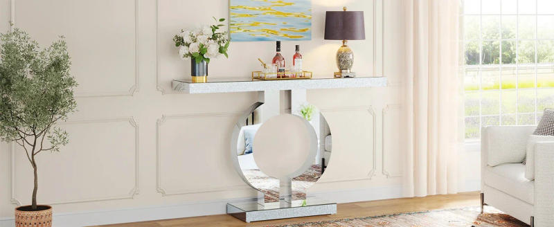 Description Picture 4 of item43-Inch Mirrored Console Table,Modern Entryway Table Glass Sofa Table with Mirror Finish, Rectangle Narrow Accent Foyer Table