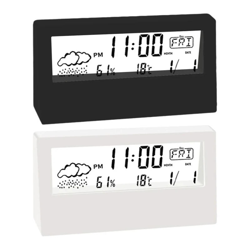 Description Picture 2 of itemLCD Electric Desk Alarm Clock With Calendar And Digital Temperature Humidity Battery Operated For Home Office Desktop Ornament