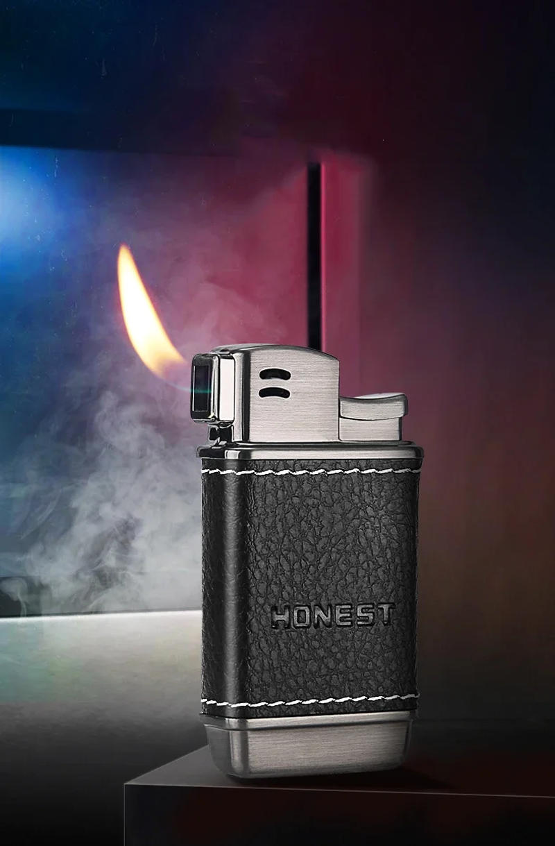 Description Picture 2 of itemHONEST Upscale Genuine Leather Metal Gas Cigar Lighter Oblique Out Open Flame Pipe Dedicated Cigarette Lighter Men's Gift