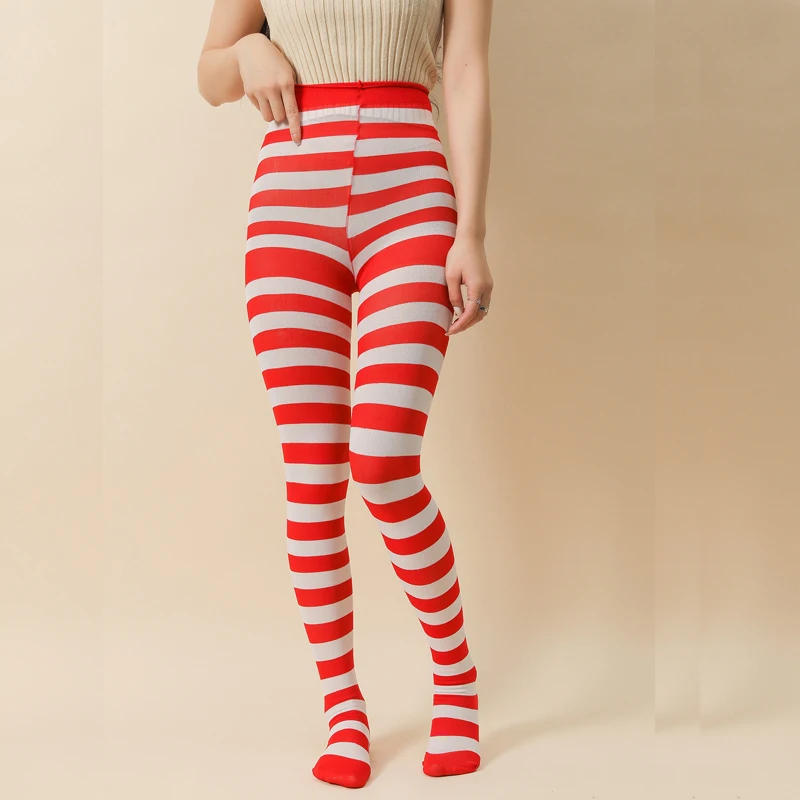 Description Picture 5 of itemWomen High Waist Striped Pantyhose Christmas Halloween Costume Tights Cosplay Accessory Red and White Strip Leggings