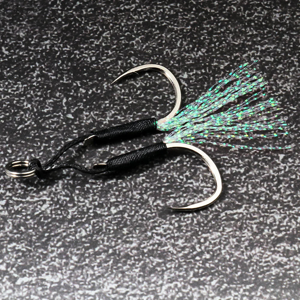 Description Picture 6 of item10 Pairs Cast Jig Assist Hook High Carbon Steel Angle Barbed Thread Feather Fishing Tackle Slow Jigging Tool Pesca Lure Fishhook