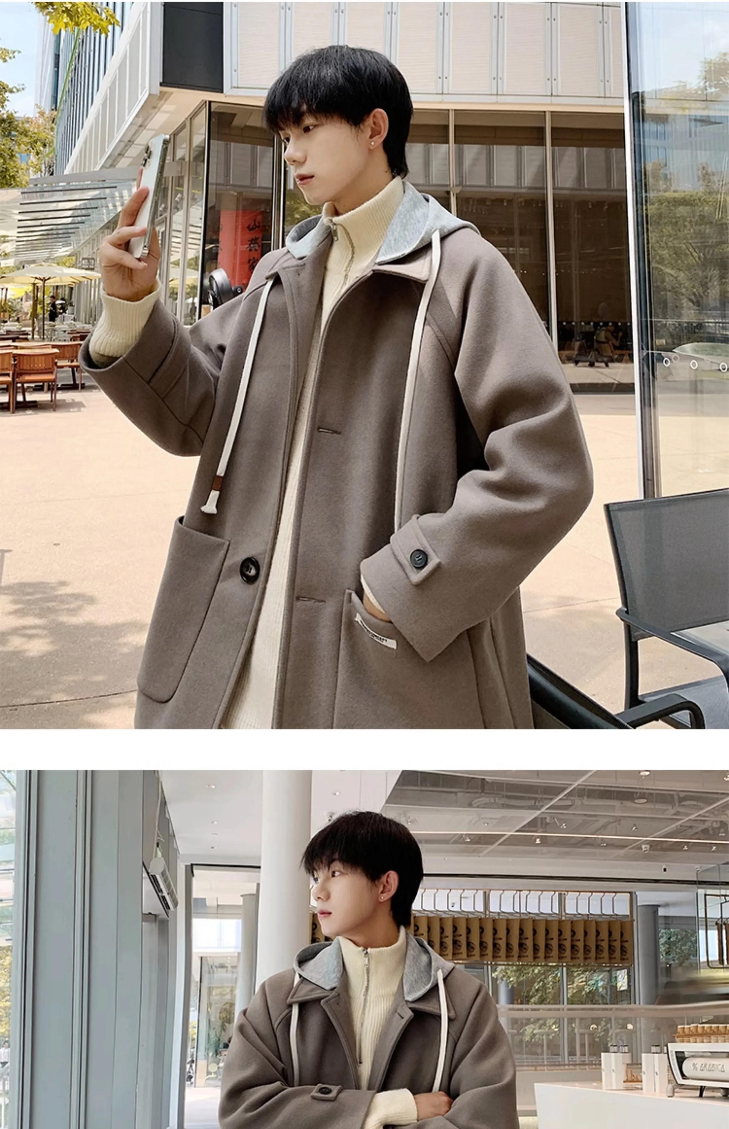 Description Picture 5 of itemHooded Blends Men Autumn Windbreaker Big Pockets Baggy Cozy Korean Style Handsome Chic Temperament Advanced Outer Males Clothes