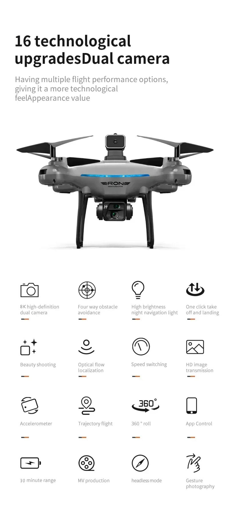 Description Picture 6 of itemNew KY102 Drone 8K Professional HD Dual Camera Aerial Photography Obstacle Avoidance Optical Four-Axis RC Aerocraft Toy