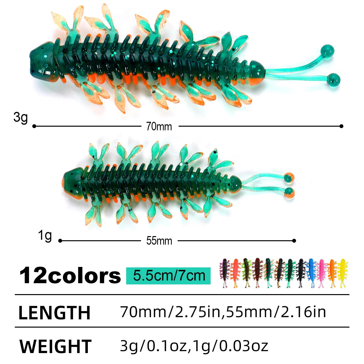 Description Picture 5 of itemSougayilang 12Pcs Worm Bait 55mm 70mm Fishing Lure Floating Freshwater Swimbaits Silicone Soft Bait for Carp Bass Pike Fishing