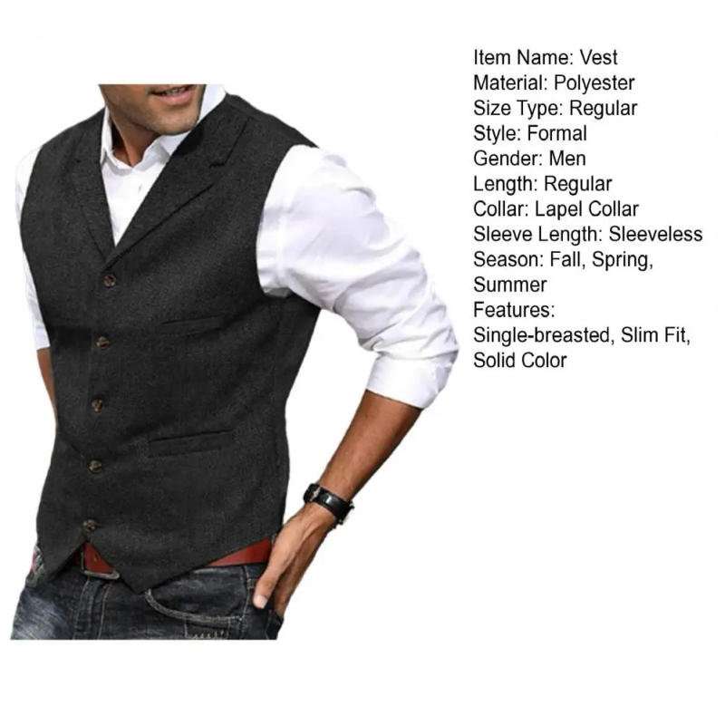 Description Picture 3 of itemSolid Color Sleeveless Vest Jacket Men Wedding Waistcoat Formal Business Style Men's Single-breasted Solid Color for Groom