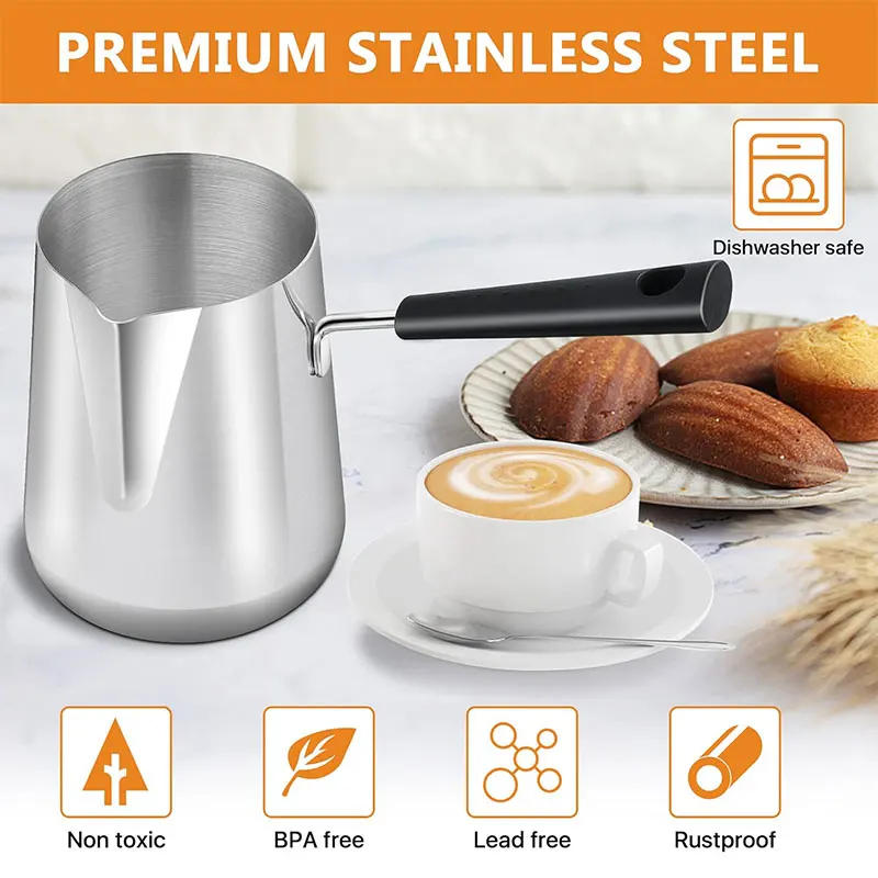Description Picture 3 of itemLong Handle Turkish Coffee Pot with Pouring Spout Stainless Steel Milk Butter Warmer Pot Stovetop Chocolate Melting Pan