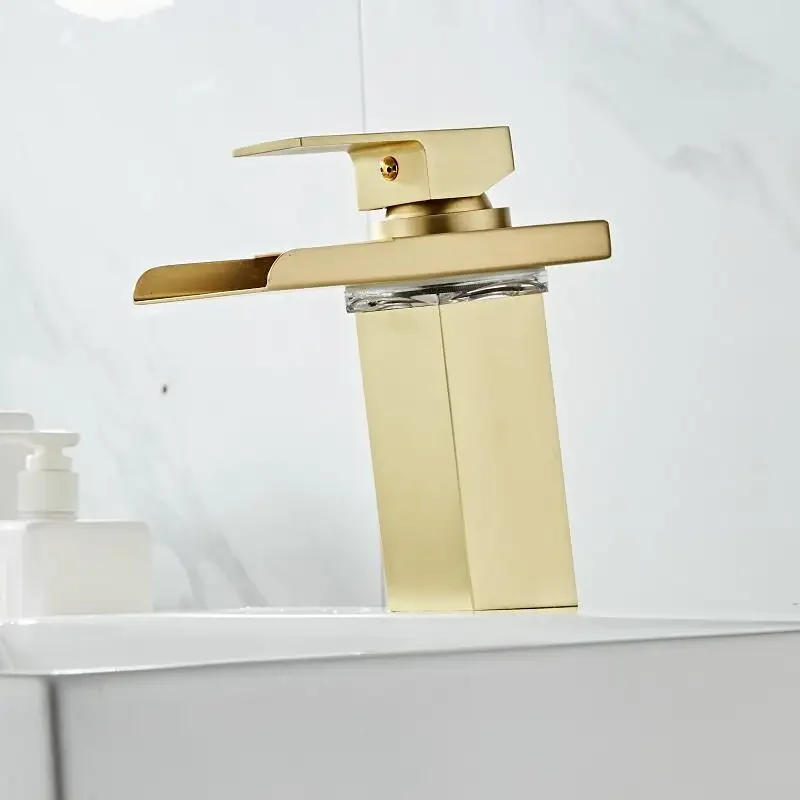 Description Picture 4 of itemBathroom Waterfall Faucet LED Faucet Brushed Gold Brass Basin  Bathroom Mixer Tap Deck Mounted Basin Sink Mixer Tap