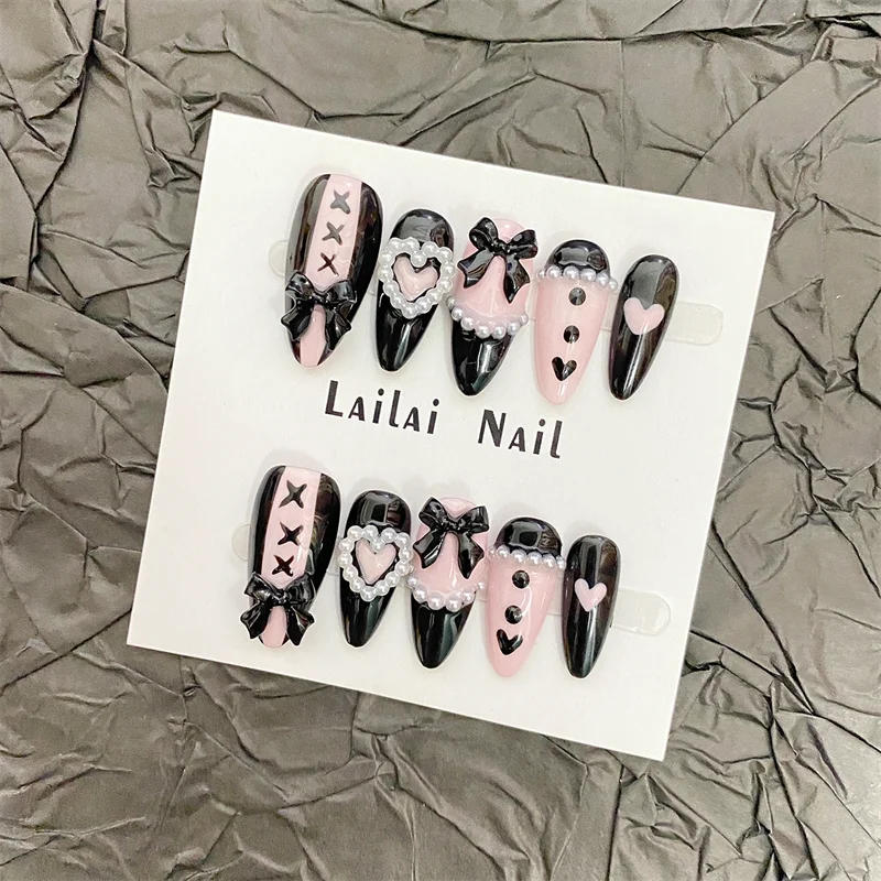 Description Picture 2 of item10Pcs Almond Handmade Press On Nails Middle Length Black Pink Color Fake Nails False Ballet Shoes Design Hearts Bows Decoration