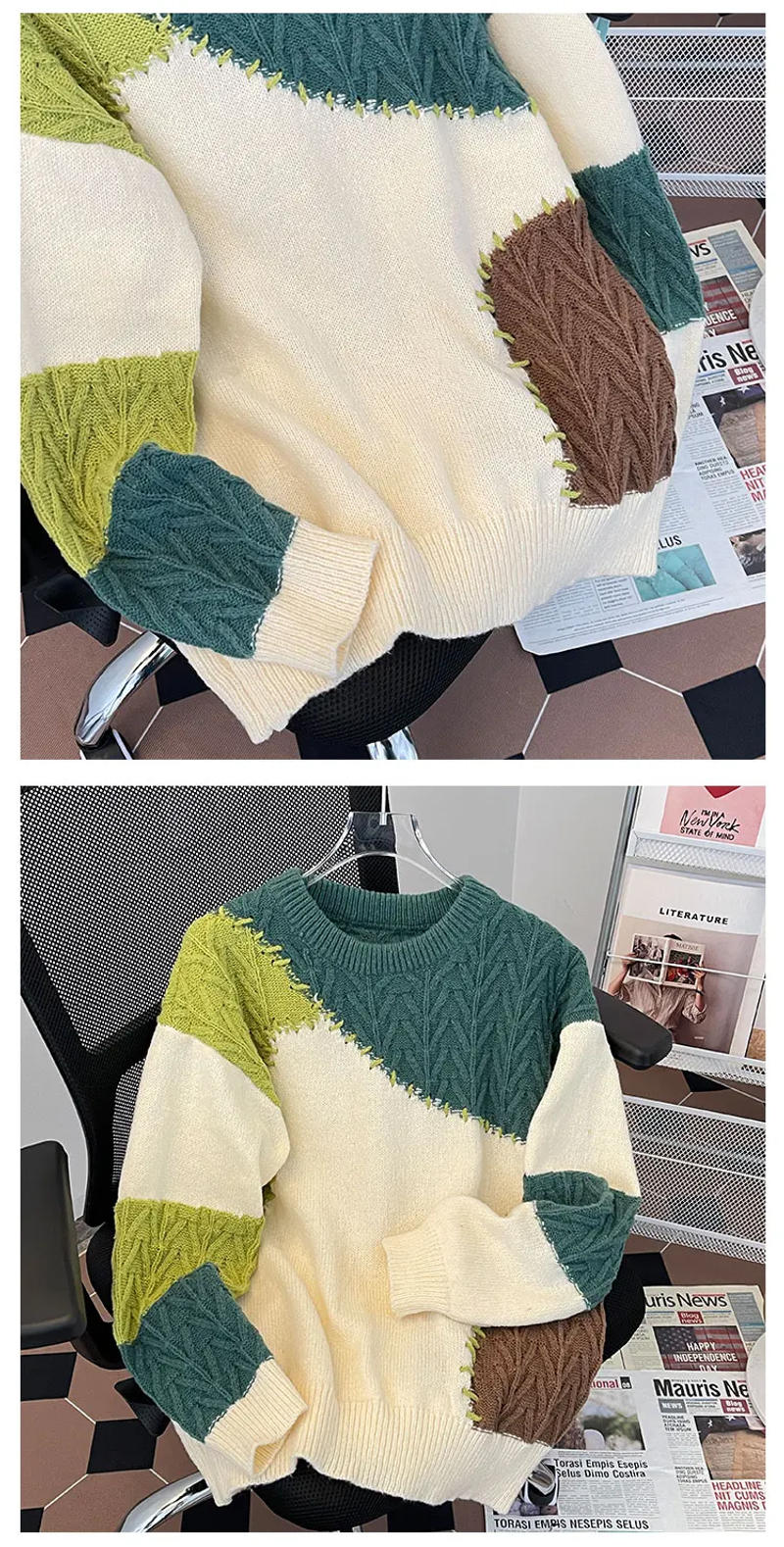 Description Picture 3 of item2024 Autumn Winter Men Retro Contrast Color Sweater Top Mens Loose Round Neck Pullover Tops Male Long Sleeve Knit Jumpers S141