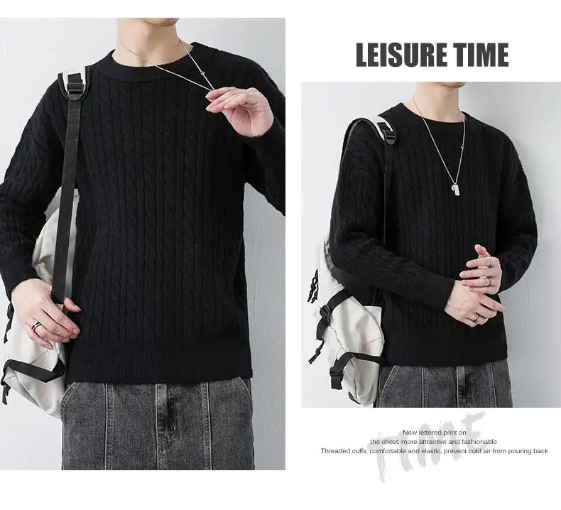 Description Picture 3 of itemAutumn Winter Men Vintage O Neck Solid Color Mens Knitted Pullovers Loose Harajuku Mens Retro Knitwear Pullover Sweaters C98