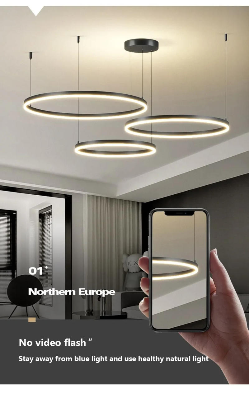 Description Picture 6 of itemModern Minimalist Pendant Light LED Lustre Black Ring Round Lamp Fixture Bedroom Dining Living Room Indoor Home Decor Chandelier