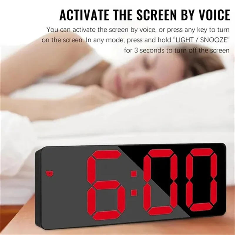 Description Picture 4 of itemLED Mirror Digital Alarm Clock Voice Control Table Clock Snooze Function 3 Brightness Adjustable 12/24H Electronic LED Clocks