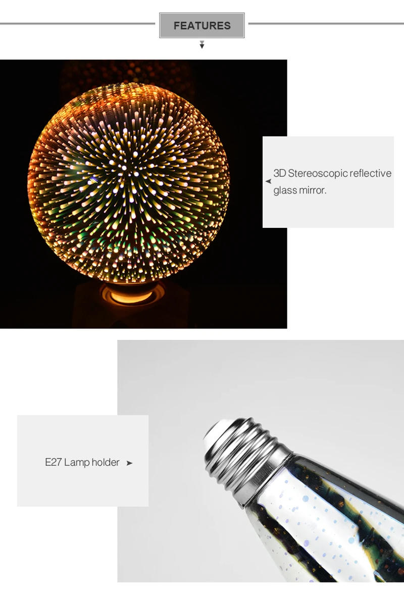 Description Picture 4 of itemLED Incandescent Bulbs 3D Fireworks Effect Vintage Lamp E27 AC85V-265V Holiday Christmas Decor Light Bulb A60 ST64 G80 G95 G125