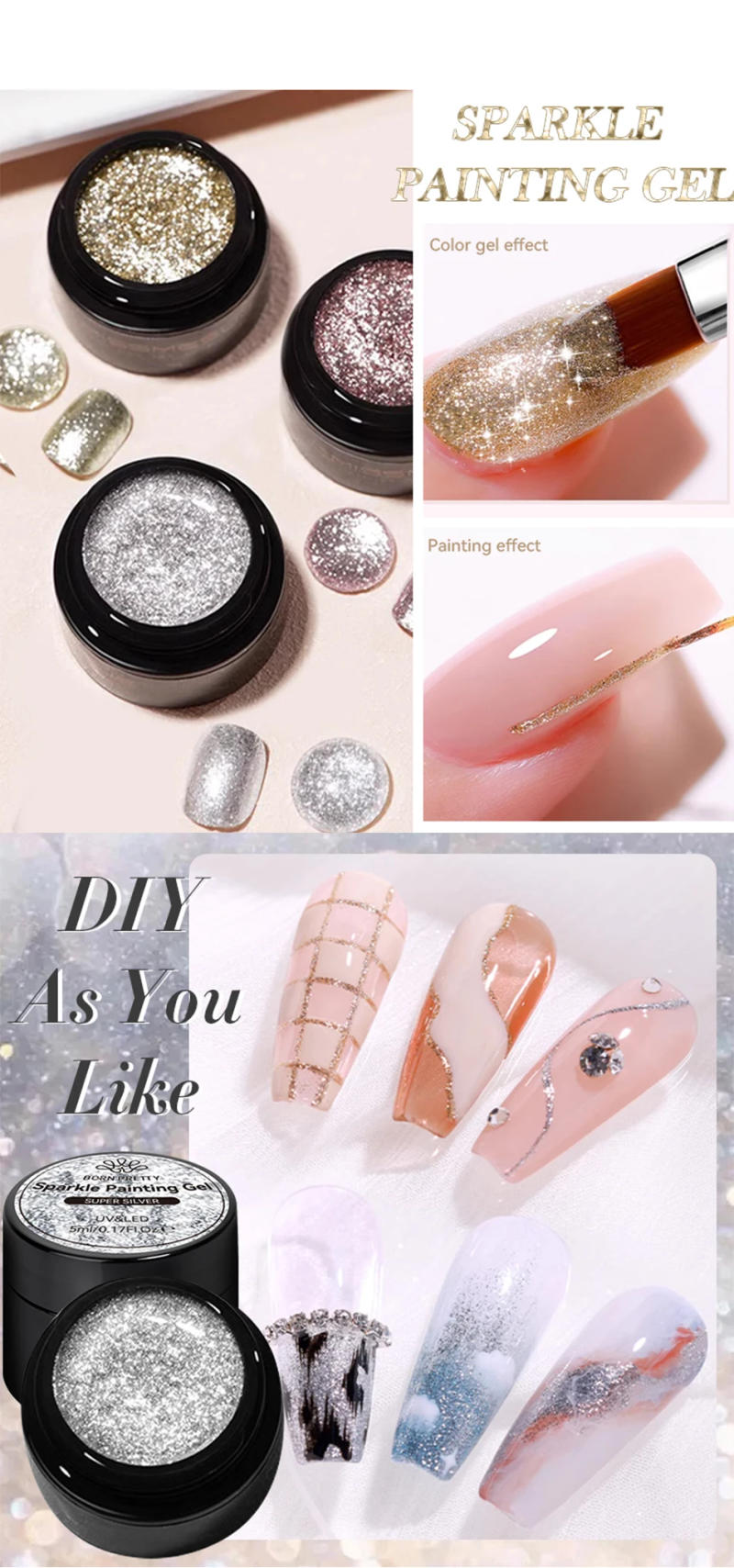 Description Picture 3 of itemBORN PRETTY Sparkle Painting Gel Nail Polish Super Gold Silver Glitter Metallic Liner Painting Chrome French Shine Nail Varnish