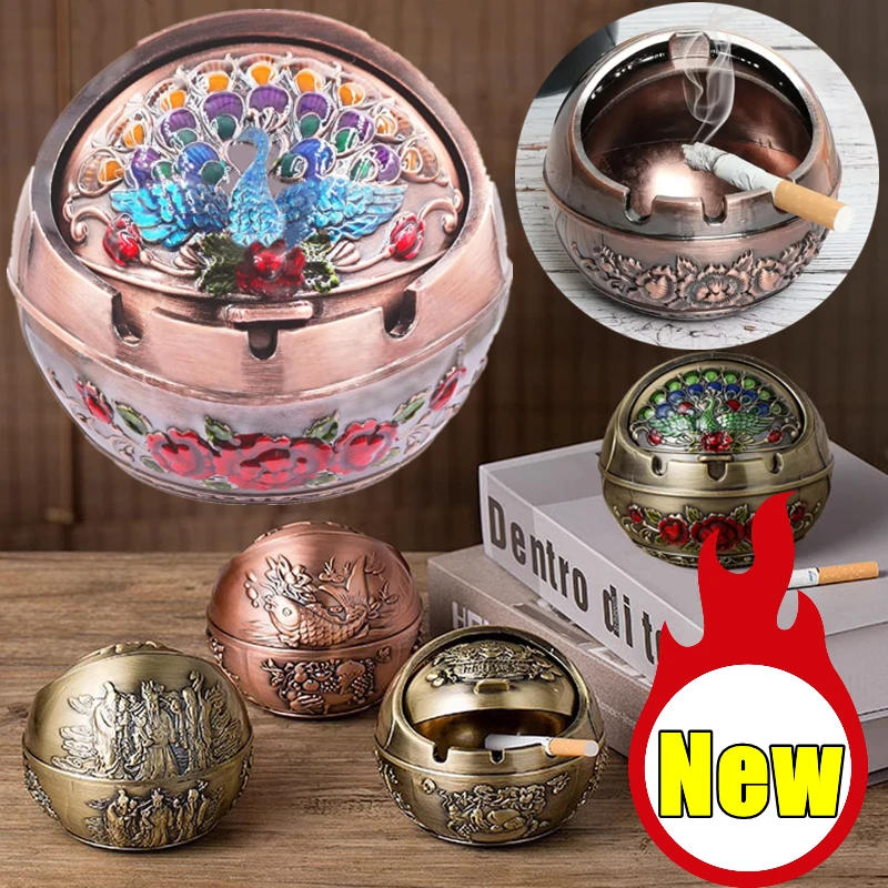 Description Picture 2 of itemNew Retro Ashtray with Lid Household Cigarette Smoking Holder Home Decor Zinc Alloy Large Ash Holder Home Friend Birthday Gift