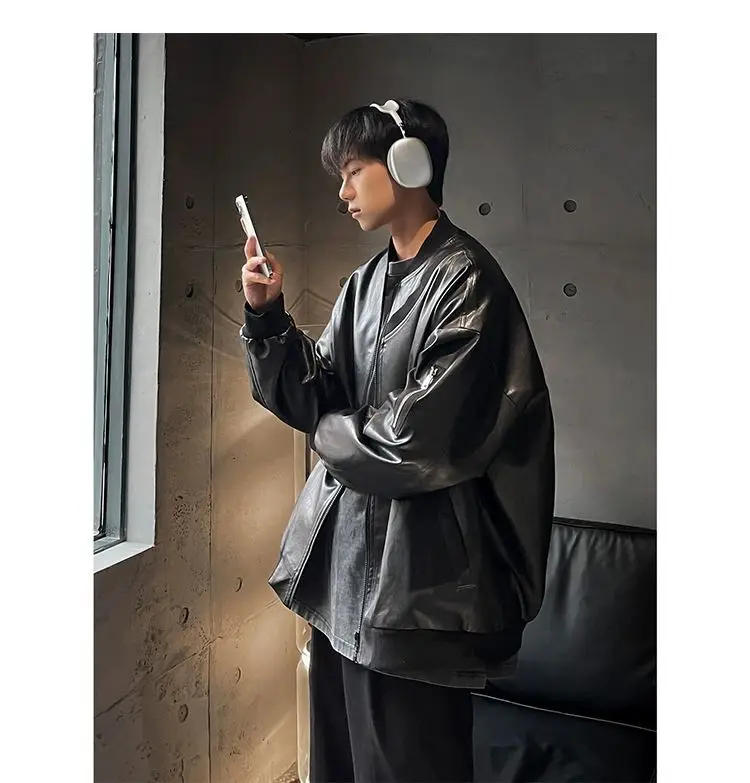 Description Picture 6 of itemBrown Biker Leather Jacket Men's Spring and Autumn New American Retro Ruffian Handsome Trend Plus Size Loose Casual Jacket